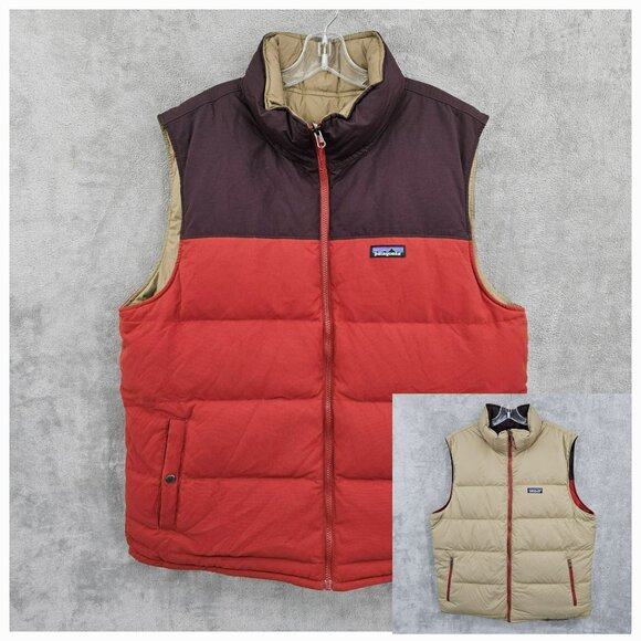 Patagonia Mens Reversible Bivy Down Vest Cinder Red Brown Tan Cozy Warm Outdoor - Picture 1 of 16